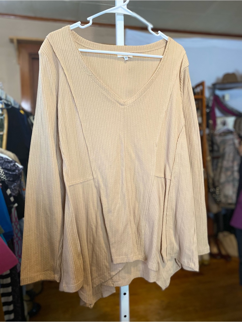 Maurices Ribbed V-Neck Long Sleeve Lacey Top- Beige - Picture 3 of 4